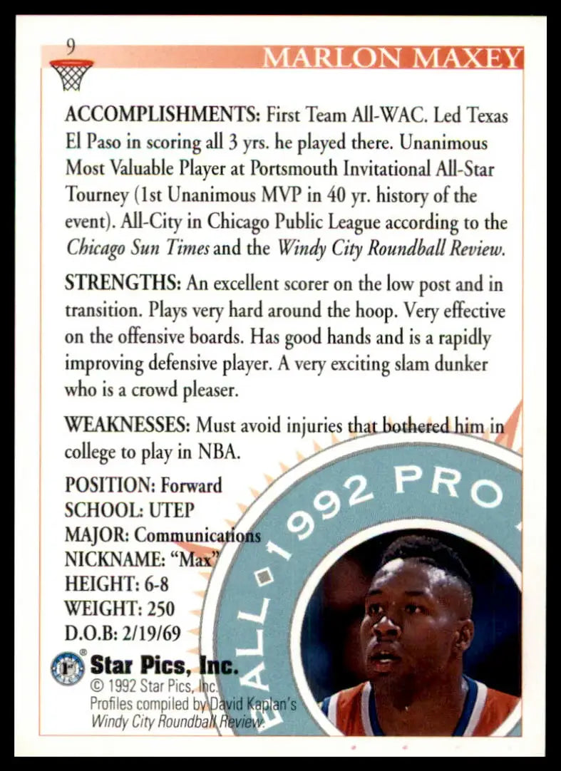 Marlon Maxey Star Pics basketball card from 1992 UTEP Miners collection