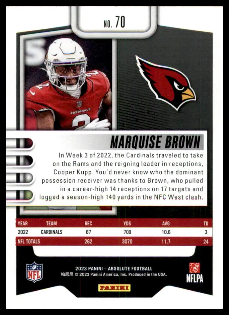 Marquise Brown football card from Panini Absolute 2023 Arizona Cardinals collection