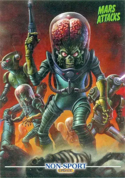 Alien creature with brain and ray guns in Mars Attacks KS1 promo card artwork