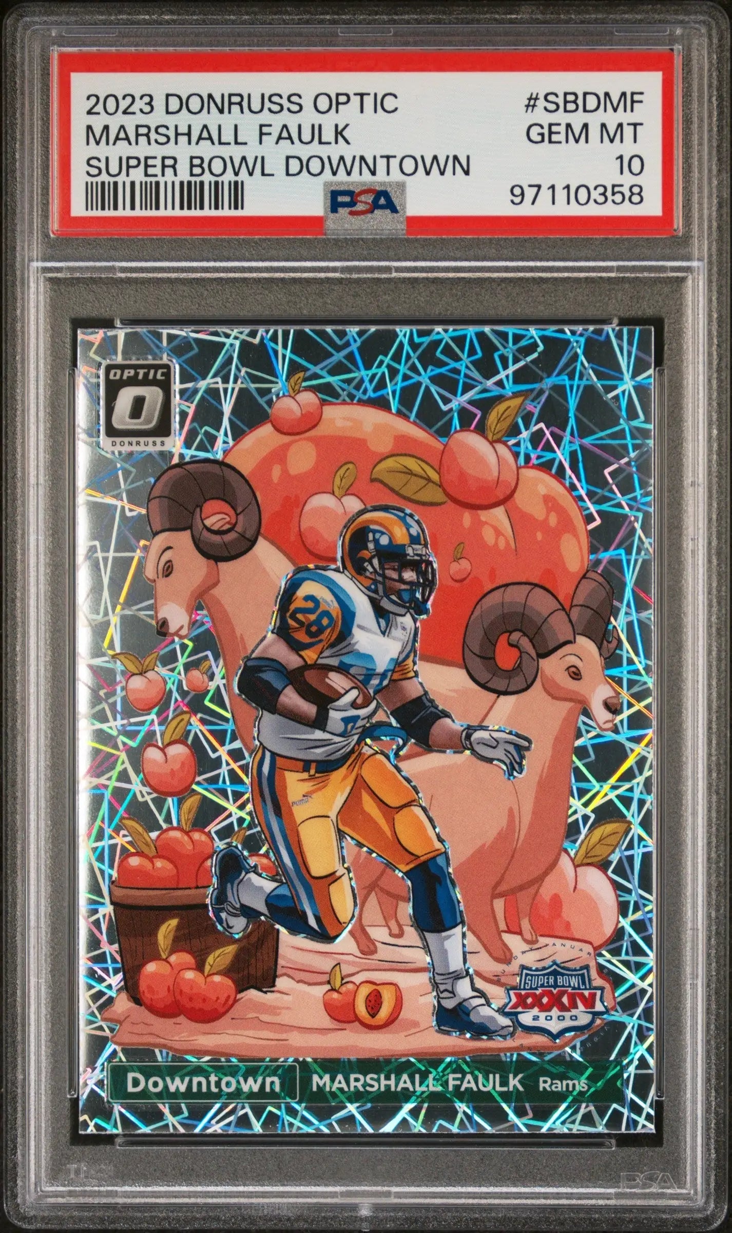 PSA 10 Gem Mint Marshall Faulk Donruss Optic Super Bowl Downtown card with vibrant design