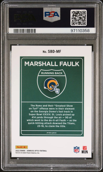 PSA-graded Marshall Faulk Donruss Optic Super Bowl Downtown NFL trading card