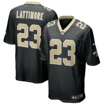 Black Orleans Saints Nike Marshon Lattimore #23 football jersey with gold details
