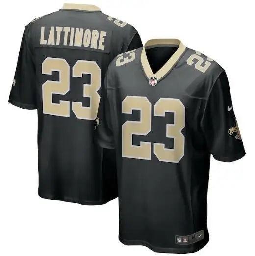 Black Orleans Saints Nike Marshon Lattimore #23 football jersey with gold details