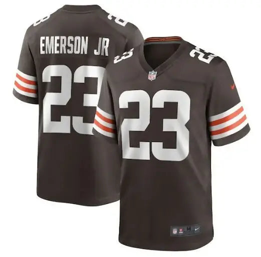 Brown Cleveland Browns football jersey with EMERSON JR and 23 in white lettering