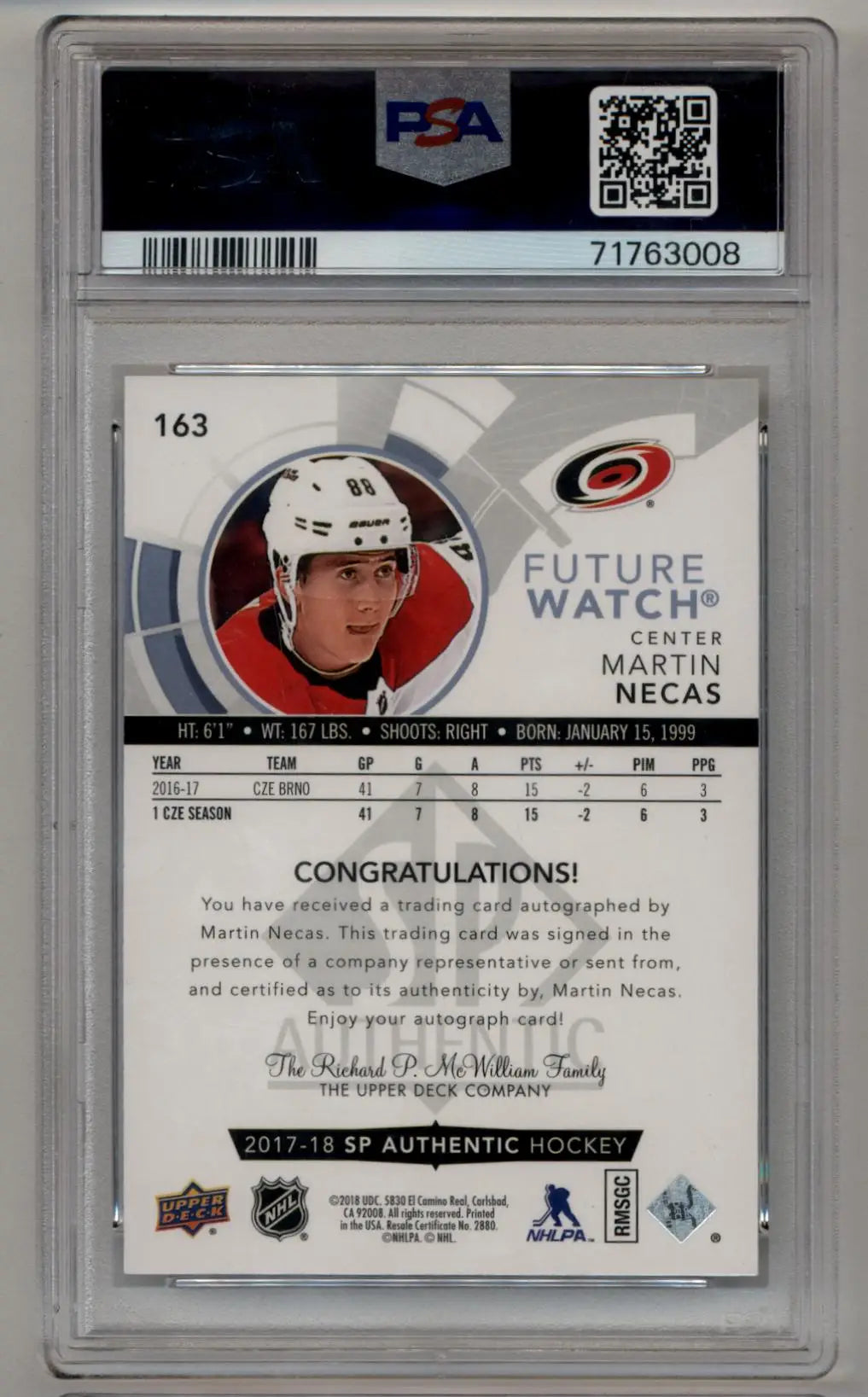 Martin Necas 2017-18 SP Authentic #163 Auto PSA 10 Gem Mint Auto 10 - Singles