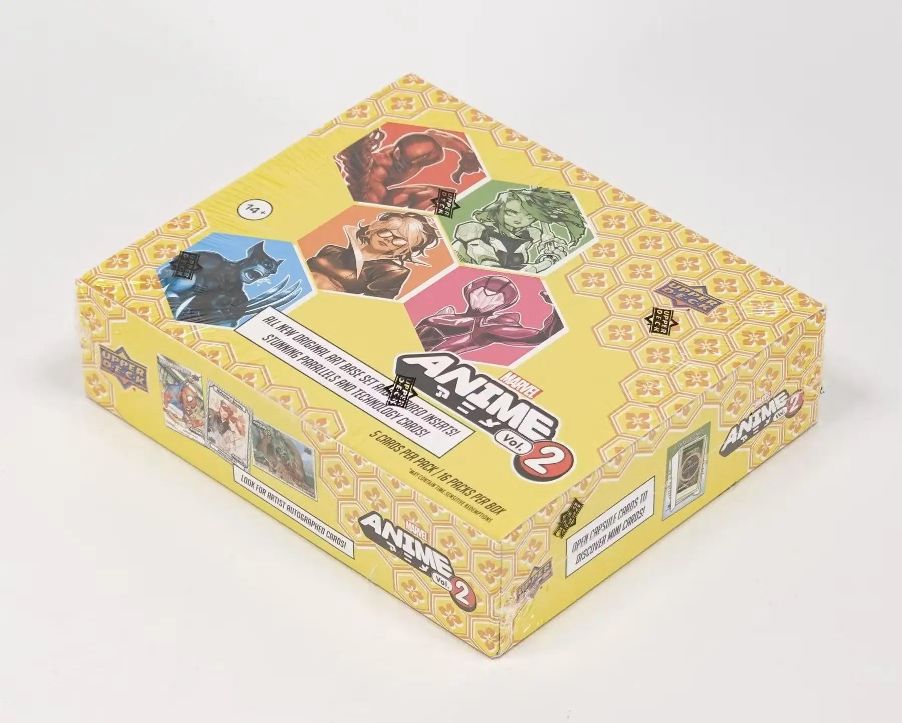 Yellow Marvel Anime Volume 2 Hobby Box featuring hexagonal photo panels by Upper Deck