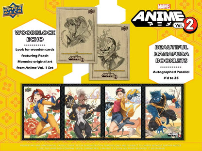 Marvel Anime Vol. 2 trading card display featuring woodblock bond cards and manga artwork