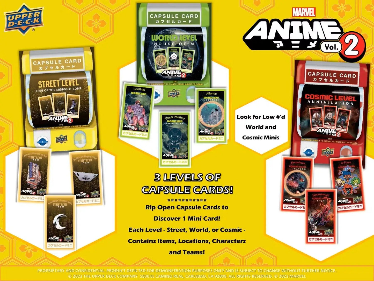 Marketing display of Marvel Anime trading card event capsule cards by Upper Deck