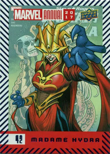 Comic book trading card of Madame Hydra in vibrant art from Marvel’s Purple Parallel series