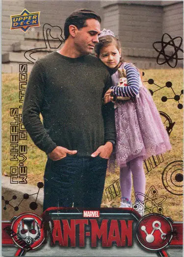 Trading card of Ant-Man with a man and girl in a purple dress, Bronze Base Parallel Chase