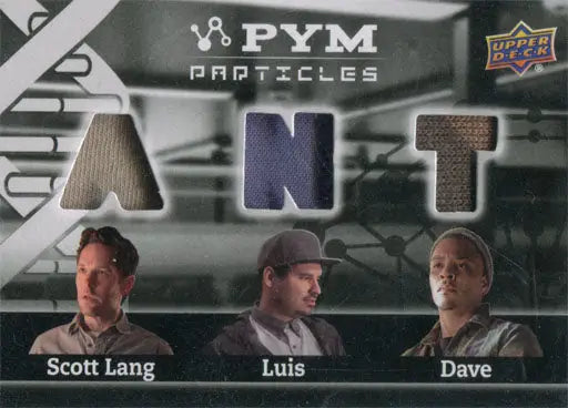 Trading card featuring Scott Lang, Luis, and Dave with a unique fabric swatch design