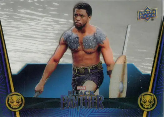 Muscular shirtless man with painted chest in Marvel Black Panther trading card design
