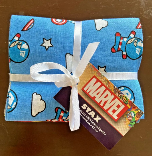 Blue Marvel Comics Fat Quarter Stax Bundle with Captain America-themed fabric tied with a white ribbon