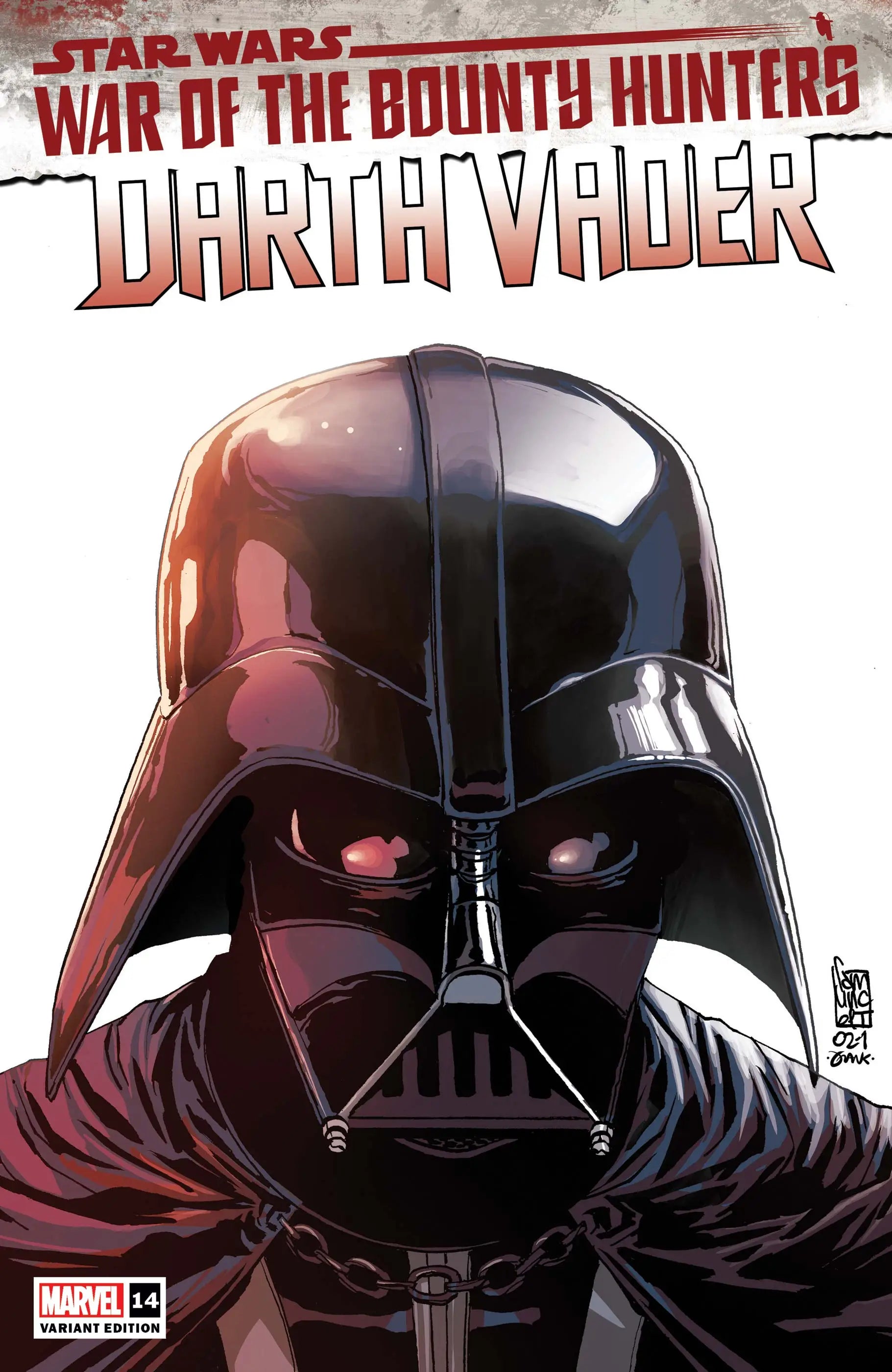 Darth Vader helmet with glowing red eyes from Star Wars War of the Bounty Hunters series