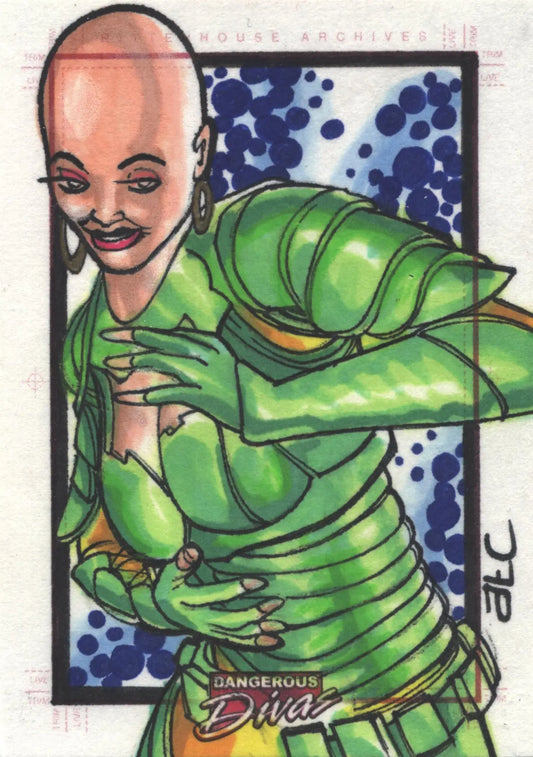 Green insectoid humanoid figure sketch card by Adam Cleveland for Marvel Dangerous Divas