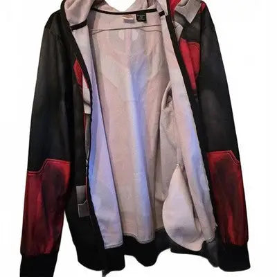 Black and red Marvel Deadpool full-zip hoodie with light-colored lining and Deadpool graphic