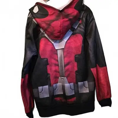 Black and red Marvel Deadpool graphic zip-up hoodie featuring a superhero design