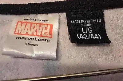 Clothing tags with brand and size info on Marvel Deadpool Graphic Hoodie L/G