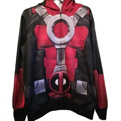 Marvel Deadpool graphic hoodie in red and black zip-up design for fans