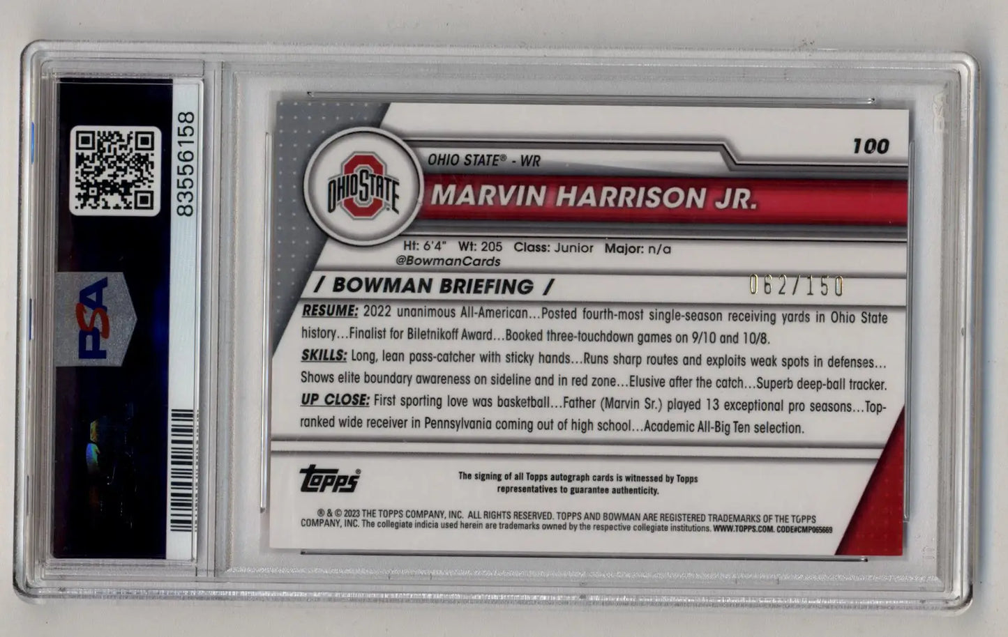 Back of an Ohio State University basketball trading card in a protective case, featuring Bowman University Chrome Auto