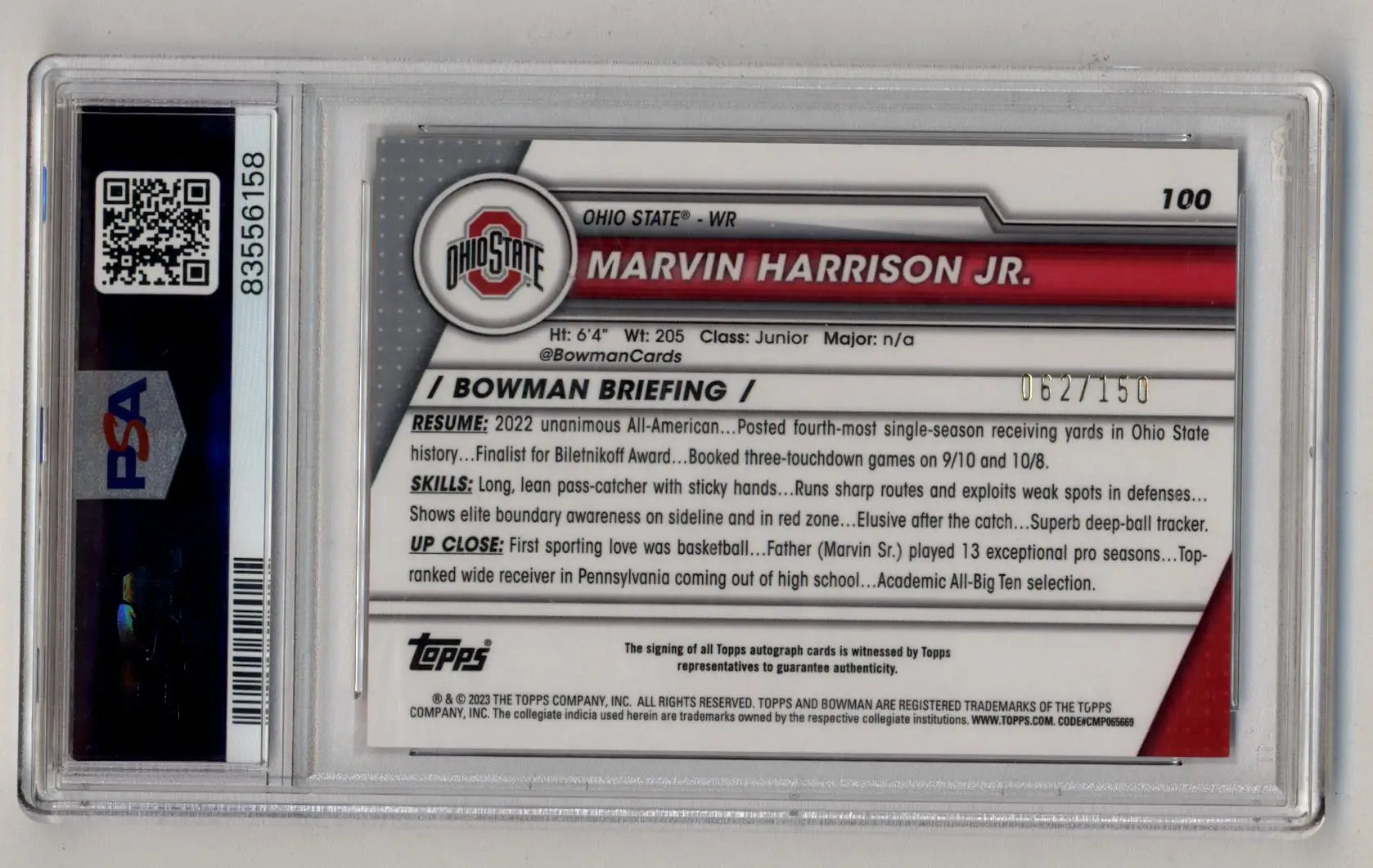 Back of an Ohio State University basketball trading card in a protective case, featuring Bowman University Chrome Auto