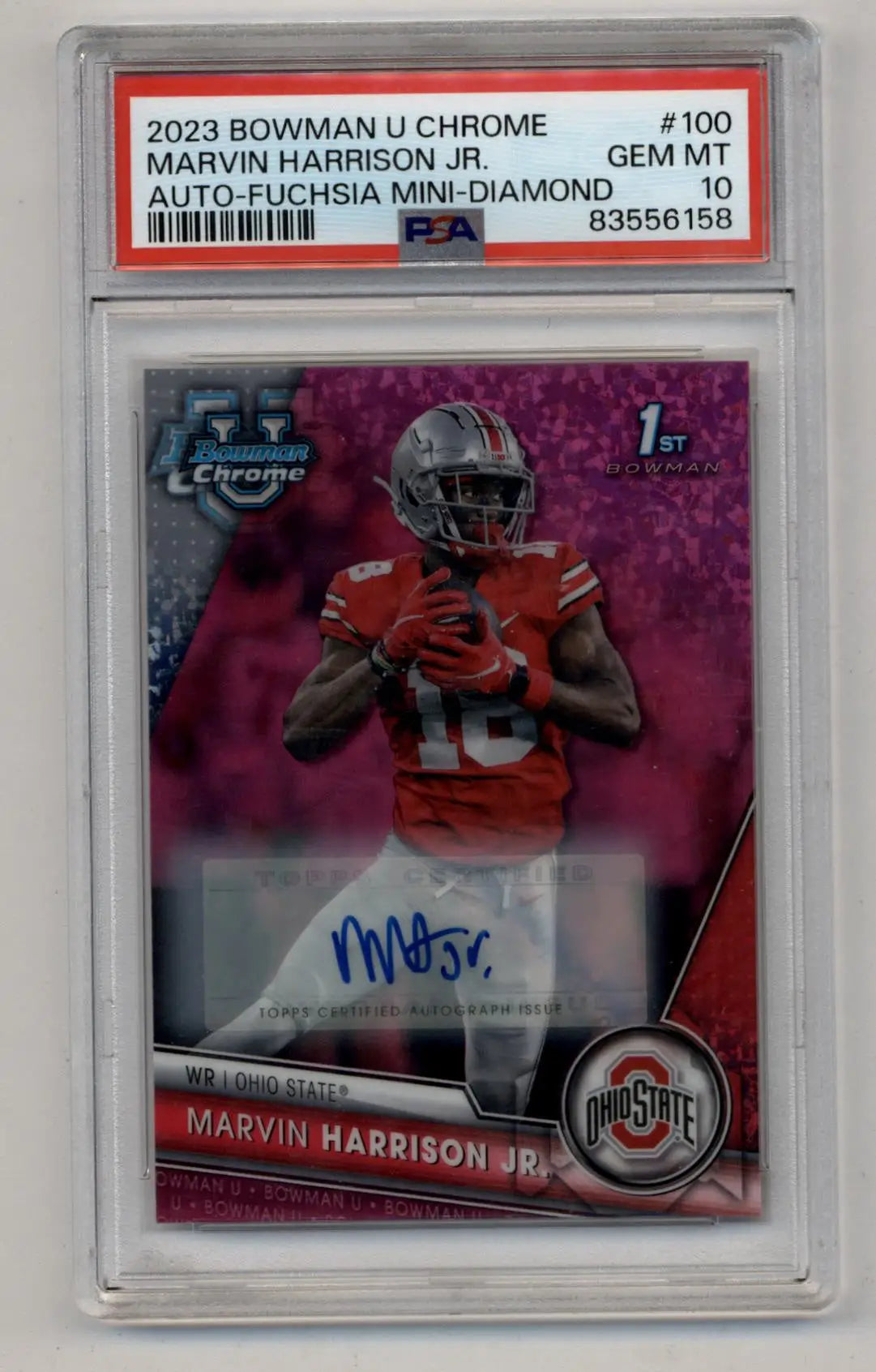 PSA 10 Gem Mint 2023 Bowman University Chrome Auto Fuchsia football card of Marvin Harrison Jr
