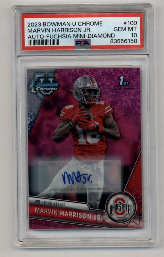 PSA 10 Gem Mint 2023 Bowman University Chrome Auto Fuchsia football card of Marvin Harrison Jr