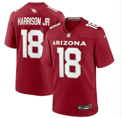 Red Arizona Cardinals Marvin Harrison Jr. NFL jersey with 18 front and Harrison Jr 18 back
