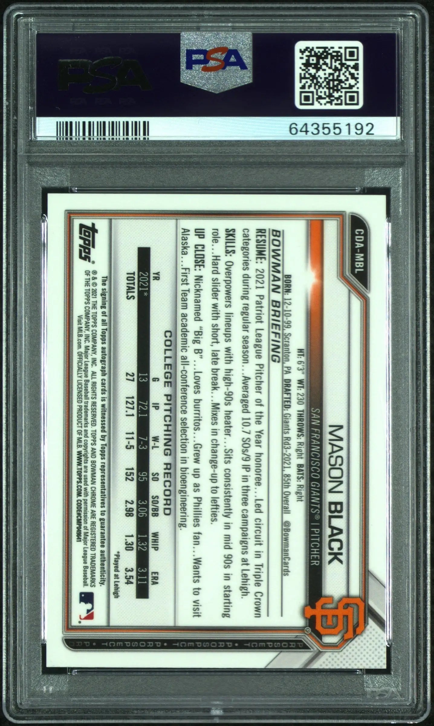 PSA-graded Mason Black 2021 Bowman Draft Gold Wave Auto card with QR code display