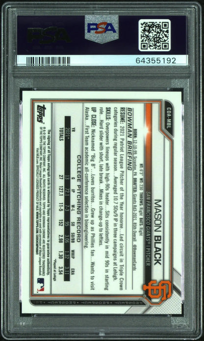 PSA-graded Mason Black 2021 Bowman Draft Gold Wave Auto card with QR code display