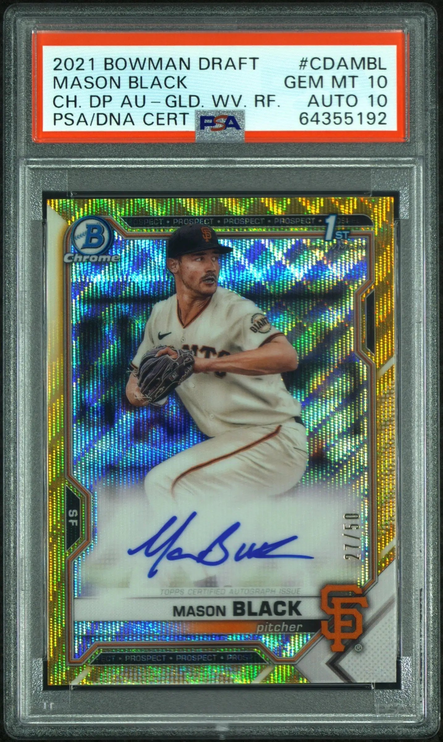PSA-graded 2021 Bowman Draft Gold Wave Auto Mason Black baseball card with gold chrome finish
