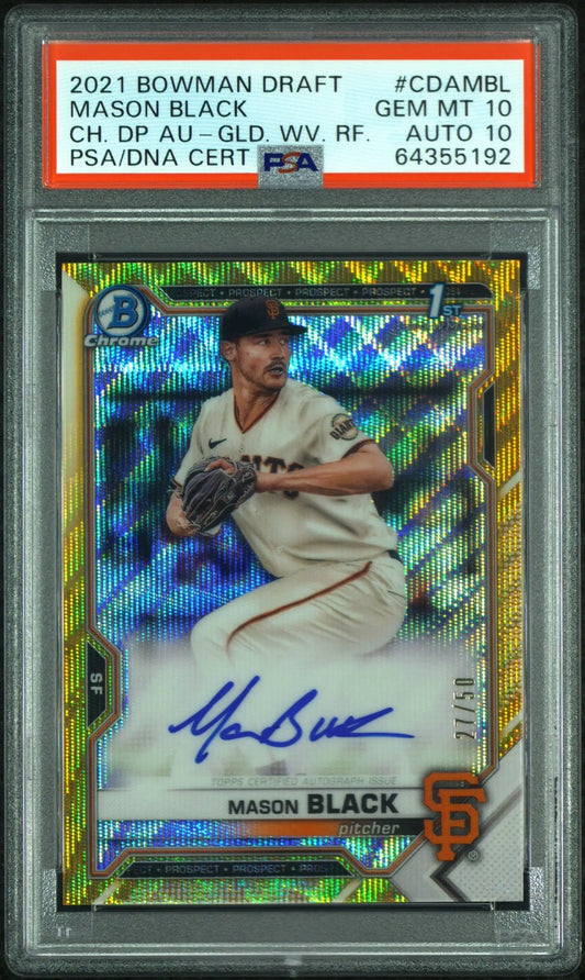 PSA-graded 2021 Bowman Draft Gold Wave Auto Mason Black baseball card with gold chrome finish