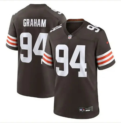 Brown NFL football jersey with number 94 and GRAHAM on the back, Cleveland Browns Nike 2025 draft jersey