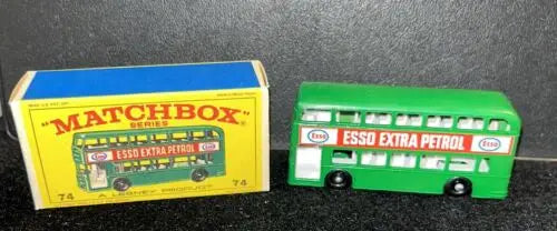 Green Esso Extra Petrol MATCHBOX No 74B Daimler Bus toy with box displayed