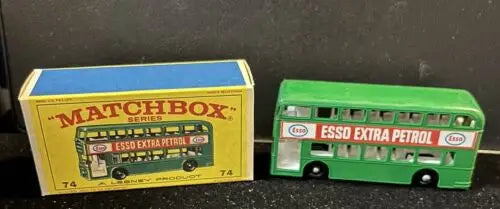 Vintage Matchbox No 74-B Daimler Bus Green Esso Extra Petrol in original box