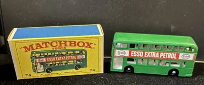 Vintage Matchbox No 74-B Daimler Bus Green Esso Extra Petrol in original box