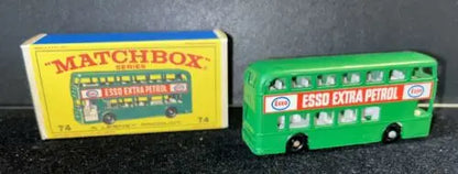 Green MATCHBOX 74B Daimler Bus with box showcasing vintage Esso branding