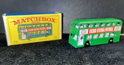Green toy double-decker Daimler Bus from MATCHBOX NO 74-B with Esso box packaging