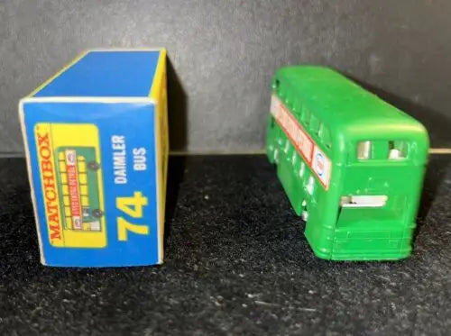 Green Matchbox 74B Daimler Bus with box, featuring Esso Extra Petrol branding