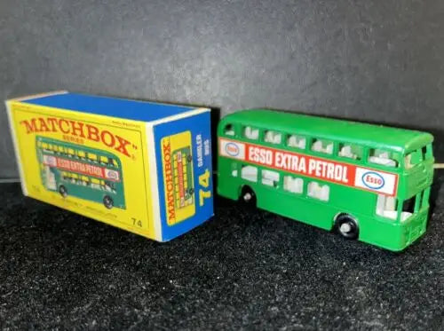 Green Matchbox 74B Daimler Bus with box, featuring ESso branding, 1966 model
