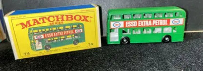 Green Matchbox 74B Daimler Bus with box, featuring Esso branding and retro design