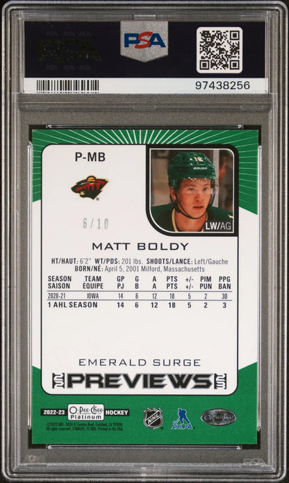 Matt Boldy 2022 OPC Platinum Emerald Surge Preview #6/10 PSA 8 Nm-Mint - Singles