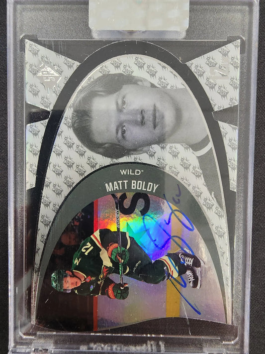 Hockey trading card with holographic design in Matt Boldy Upper Deck Clear Cut Signature Auto