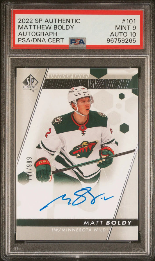 PSA-graded Matt Boldy 2022 Upper Deck SP Authentic Autograph Rookie hockey card
