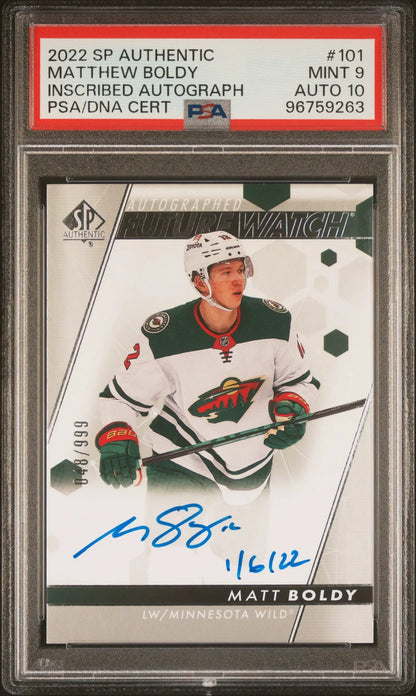 Matt Boldy 2022 Upper Deck SP Authentic Inscribed Autograph Rookie #748/999 PSA 9 Auto 10 - Singles
