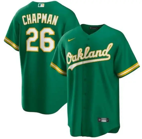 Green Oakland Athletics baseball jersey featuring Matt Chapman Nike Alternate Replica design
