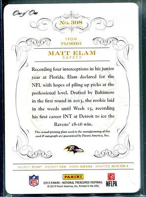 Matt Elam National Treasures 2013 AUTO Baltimore Ravens RC Press Plate 1/1 football card