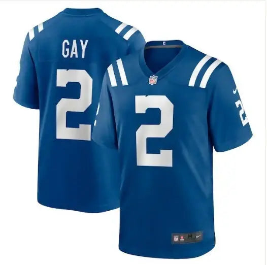 Blue and white Indianapolis Colts Nike Game Player Jersey featuring Matt Gay branding