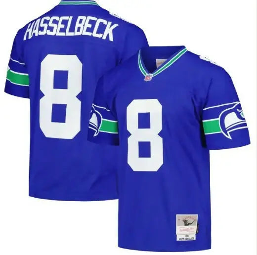Blue and green Seattle Seahawks Matt Hasselbeck NFL jersey with number 8 and name