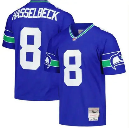 Blue and green Seattle Seahawks Matt Hasselbeck NFL jersey with number 8 and name